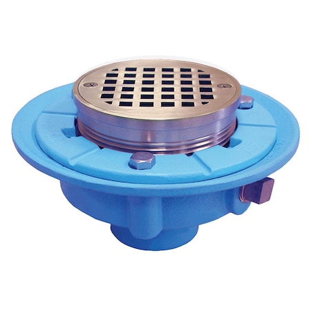 Jones Stephens 4in No Hub Code Blue Floor Drain, 7in Pan, 4in Polished Brass Round Strainer D65660